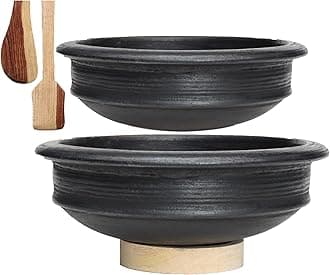 Deep Burned Uncoated Clay Pot/Earthen/Mud/Mitti Handi for Cooking and serving Combo 1 & 2 Liter | Black