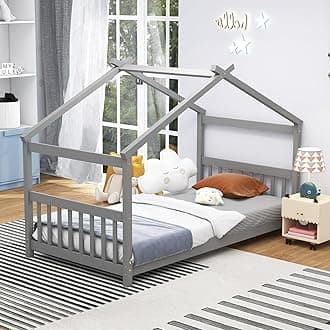 KOMFOTT Twin Wood House Bed for Kids, Low Profile Floor Bed Frame with Roof, Headboard & Footboard for Boys & Girls, No Box Spring Needed, Wood Montessori Bed (Grey)