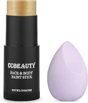 CCbeauty Metallic Gold Face Paint Stick,Glitter Face Painting Kit,Professional Body Paint,Non Toxic SFX Makeup Kit For Halloween Costume Cosplay,Full Coverage Painting Foundation With Makeup Sponge