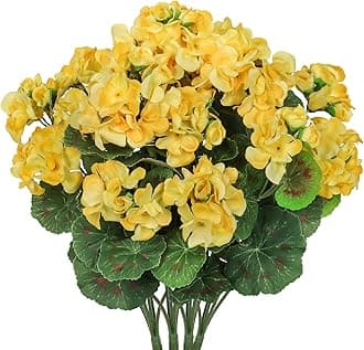 Artificial Flowers for Outdoors, 4 Pack Artificial Geraniums Silk Flowers UV Resistant Outdoor Plants Faux Flowers Geraniums for Home Outdoors Garden Porch Window Vase Wedding Decor (Yellow)