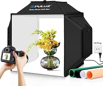 PULUZ Photo Studio Light Box 16'' x 16'' x 16'' Portable Foldable Photo Tent Light Box 24W Professional Studio Shooting Tent Soft Box with Carry Bag and 4 Color Backdrops (Black, Orange, White, Green)