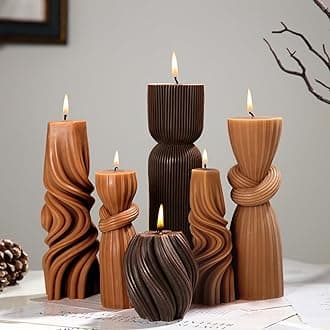 6 Pcs Pillar Candles Modern Aesthetic Ribbed Decorative Candle Set Cute Soy Wax Scented Ribbed Decor for Home(Brown,3.4-9 Inch)