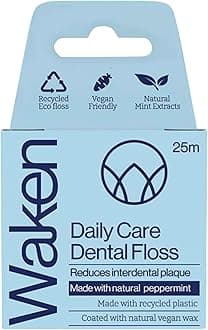 Waken, 25m peppermint dental floss, 100% natural flavor, reduces plaque and gum disease, clinically tested, vegan floss, eco-friendly, sustainable packaging, 100% recyclable, white.