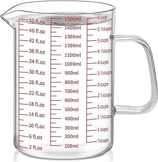 Luvan 50oz/6 Cups Glass Measuring Cup, Easy to Read with 3 measurement scales (Ml/Oz/Cup), Insulated Handle and V-shaped Spout, High Borosilicate Glass Measuring Cup, Ideal for Kitchen or Restaurant