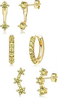 3 Pairs Dainty Small Earrings for Women Trendy, Birthstone Stud Huggie Hoop Jacket Stack for Cartilage Helix, Gold Plated Hypoallergenic Cute Women Fashion Accessories Western Jewelry Gifts