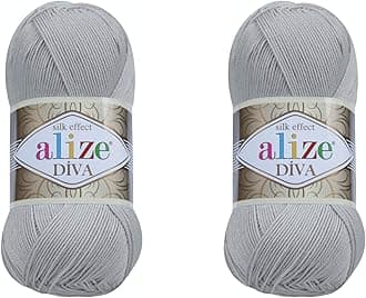Diva Hand Knitting Yarn - 100% Microfiber Acrylic With Silk Effect - Crochet Art Lace Craft - 2 Skeins, 200gr, 767 Yds (355-Grey)