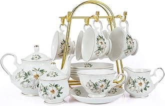 15-Piece Porcelain Ceramic Coffee Tea Gift Sets, Cups& Saucer Service for 6, Teapot, Sugar Bowl and Creamer Pitcher.