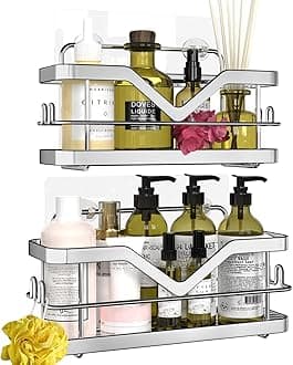 Cosicosy Shower Caddy Silver, Bathroom Shelf Shower Shelf No Drilling Adhesive Bathroom Storage with Included Hooks for Hanging Razor and Towels Shower Accessories Bathroom Accessory- 2 Pack