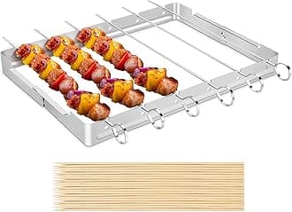 Unicook Heavy Duty Stainless Steel Barbecue Skewer Shish Kabob Set, 6 pcs 13" L Skewer and Foldable Grill Rack Set, Durable and Reusable, Bonus of 50 pcs 12.5" L Bamboo Skewers for Party and Cookout