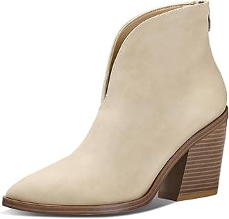 mysoftWomen's V Cut Out Ankle Boots Slip On Pointed Toe Chunky Stacked Heel Booties