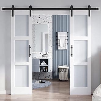 Double 21×84 in Glass Barn Door Slab and 8ft Hardware Kit Included, 3 Frosted Glass, MDF Wood Panel Covered with White Water-Proof Scratch-Resistant PVC Surface, Requires Simple DIY Assembly