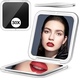 30X Magnifying Mirror, Compact Travel Mirror for Purse & Pocket, Double-Sided 1X/30X HD Makeup Mirror with Tweezers - Portable Mirror for Eyebrow Plucking, Daily Beauty & Travel Essentials, Black