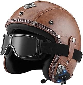 Motorbike Open Face Bluetooth Helmet Retro Jet Motorcycle Leather Helmet Adult Half Helmet with Fashion Goggles ECE Approved Men's and women's 3/4 helmets Moped Scooter