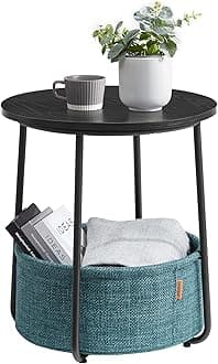 VASAGLE Small Round Side End, Modern Nightstand with Fabric Basket, Bedside Table for Living Room Bedroom, Particleboard, Steel, Polyester, Classic Black + Dark Turquoise