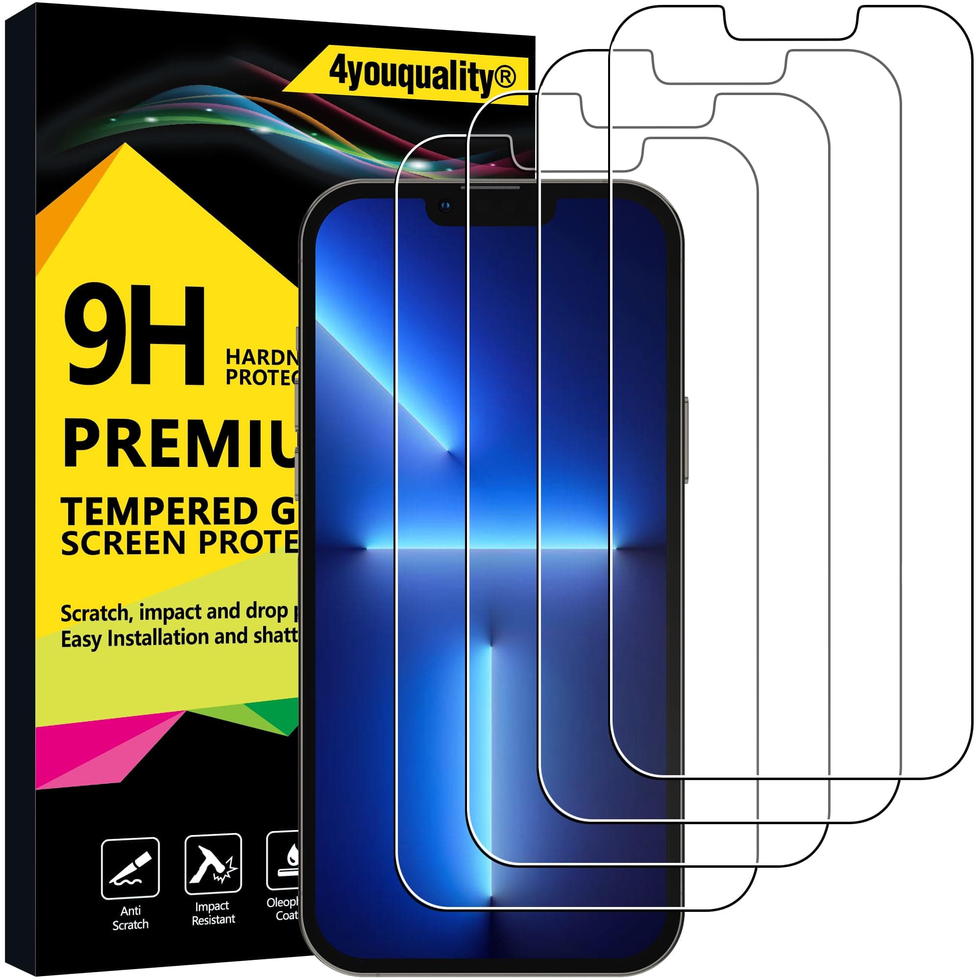 4youquality [4-Pack Screen Protector for iPhone 14 Plus, iPhone 13 Pro Max (6.7-Inch), Tempered Glass Film, [LifetimeSupport][Anti-Shatter][Anti-Scratch][Impact-Protection]