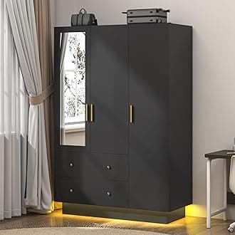 jiteentarou 3 Door Wardrobe Closet with Mirror and LED Lights, Bedroom Armoire with Drawers Shelves, Modern Wooden Armoire Wardrobe Closet with Hanging Rod for Bedroom, Black
