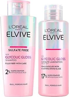 L'Oréal Paris Elvive Glycolic Gloss Shampoo with Glycolic Acid for Porous and Dull Hair 200ml + 5 Minute Lamination Treatment Seals Cuticles and Intense Shine 200ml - 2 Bottles