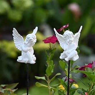 OwMell Set of 2 Decorative Garden Stakes - Small Angel & Cherub Angel Ornaments, Memorial Statue & Flower Pot Decorations