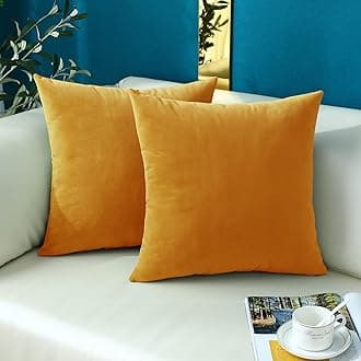 mixeoo Comfy Marigold Yellow Throw Pillow Covers Decorative Square Solid Thick Velvet Super Soft Cushion Couch Cases, Set of 2, 14 x 14 Inch