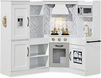 Best Choice Products Pretend Play Corner Kitchen, Ultimate Interactive Wooden Toy Set for Kids w/Lights & Sounds, Ice Maker, Hood, Utensils, Oven, Microwave, Sink - White