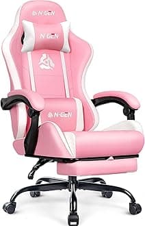 N-GEN GAMING Video Gaming Chair with Footrest Lumbar Support for Home Office High Back Recliner Height Adjustable Ergonomic Comfy Leather Computer Desk Chair (Pink)