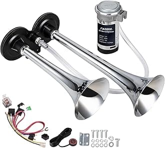 FARBIN Air Horn 12V Loud Car Horn kitï¼Å’Chrome Zinc Dual Trumpet with Compressor Wire Harness and Switch,for Any 12V Vehicles Trucks Cars SUV RV Motorcycles Off Road (12V, Standard Edition + Button)