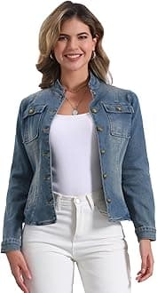 Allegra K Casual Denim Jacket for Women's Classic Stand Collar Long Sleeve Jean Jacket