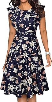 YATHON Women's Vintage Ruffle Floral Flared A Line Swing Casual Cocktail Party Dresses