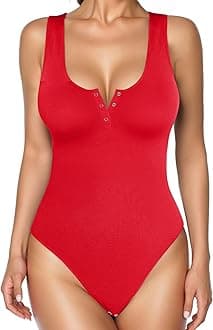 Popilush Bodysuits for Women Tummy Control Henley Going Out Outfits Shirts Body Suits Thong Button Down Tank Tops