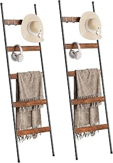 ELYKEN 2 Pack Blanket Ladder for Living Room, Farmhouse 5-Tier Quilt Holder with 4 Removable Hooks for Bathroom, Wood Towel Rack Display, Wall Anchor Leaning Decorative Stand for Home, Rustic Brown