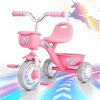 Tricycle for Toddlers 1-3 3-5 Year Olds, Unicorn Toddler Bike Baby Balance Bike with Colorful Lighting Wheels & Large Basket, Birthday Gift and Toy for 1 2 3 4 5 Year Olds Boys and Girls
