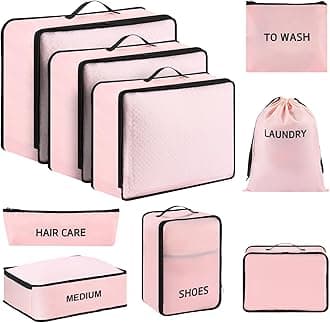 OugrandOugrand 9 Set Packing Cubes Luggage Packing Organizers for Travel Accessories Space Saving Travel Bags for Carry On, Lightweight Mesh Zipper, Clothes, Shoes, Laundry and Shoe Bag, Suitcases (Pink)