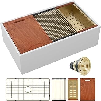 Lordear 33 Inch White Farmhouse Kitchen Sink – 33x20x10 Inch Fireclay Porcelain Ceramic Workstation Apron Front Farm Sink Deep Single Bowl Barn Style #JTQJ-1