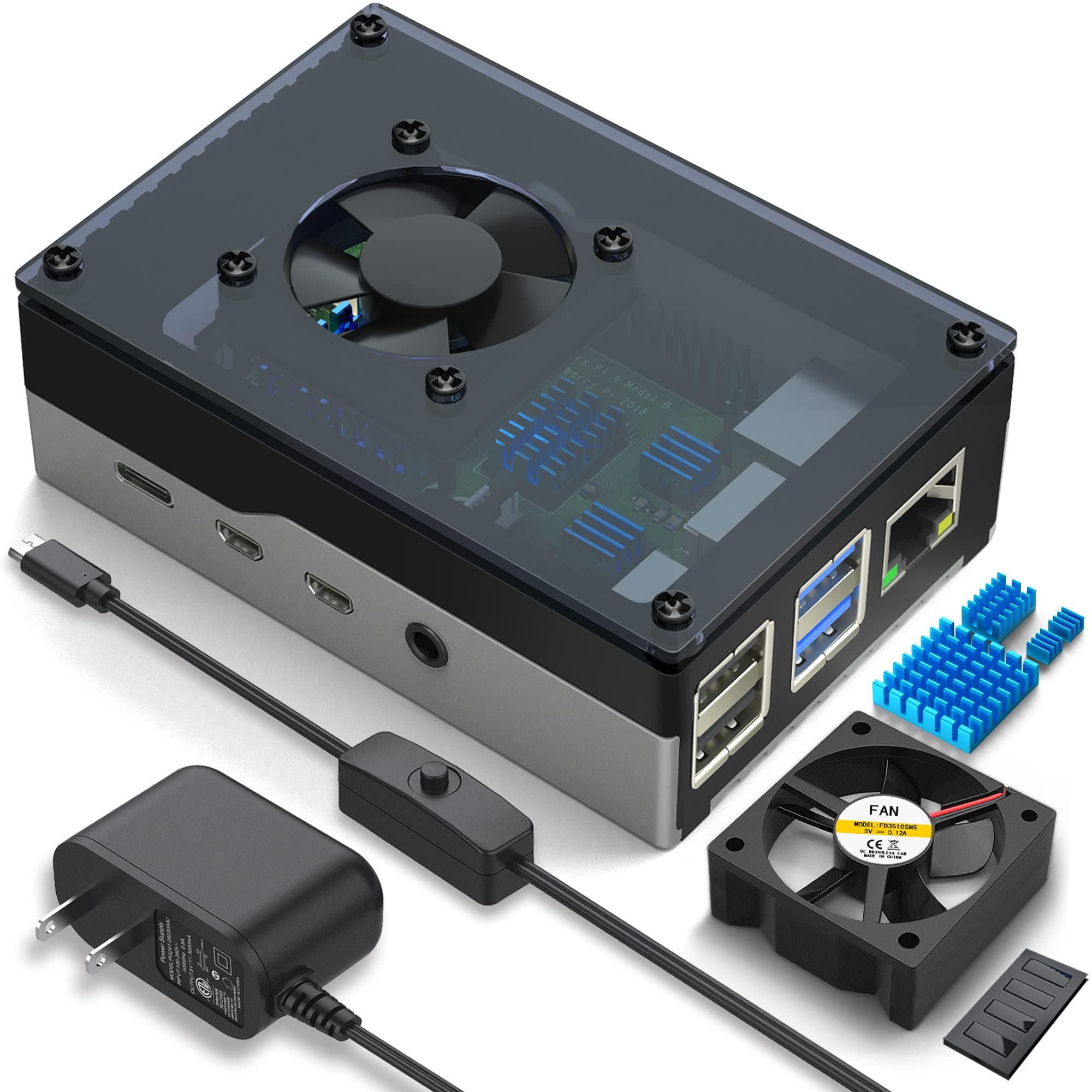 Miuzei Case for Raspberry Pi 4, Raspberry Pi 4b Case with Fan 35mm, with 5V 3...