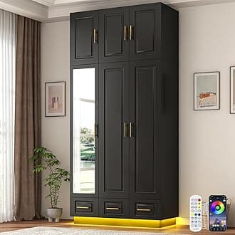 Hlivelood Large Armoire Wardrobe Closet Cabinet with Drawers and LED Lights, Multi-Tier Shelves, Hanging Rod, Large Capacity Storage 3 Door Wardrobe Armoire with Top Cabinet for Bedroom, Black