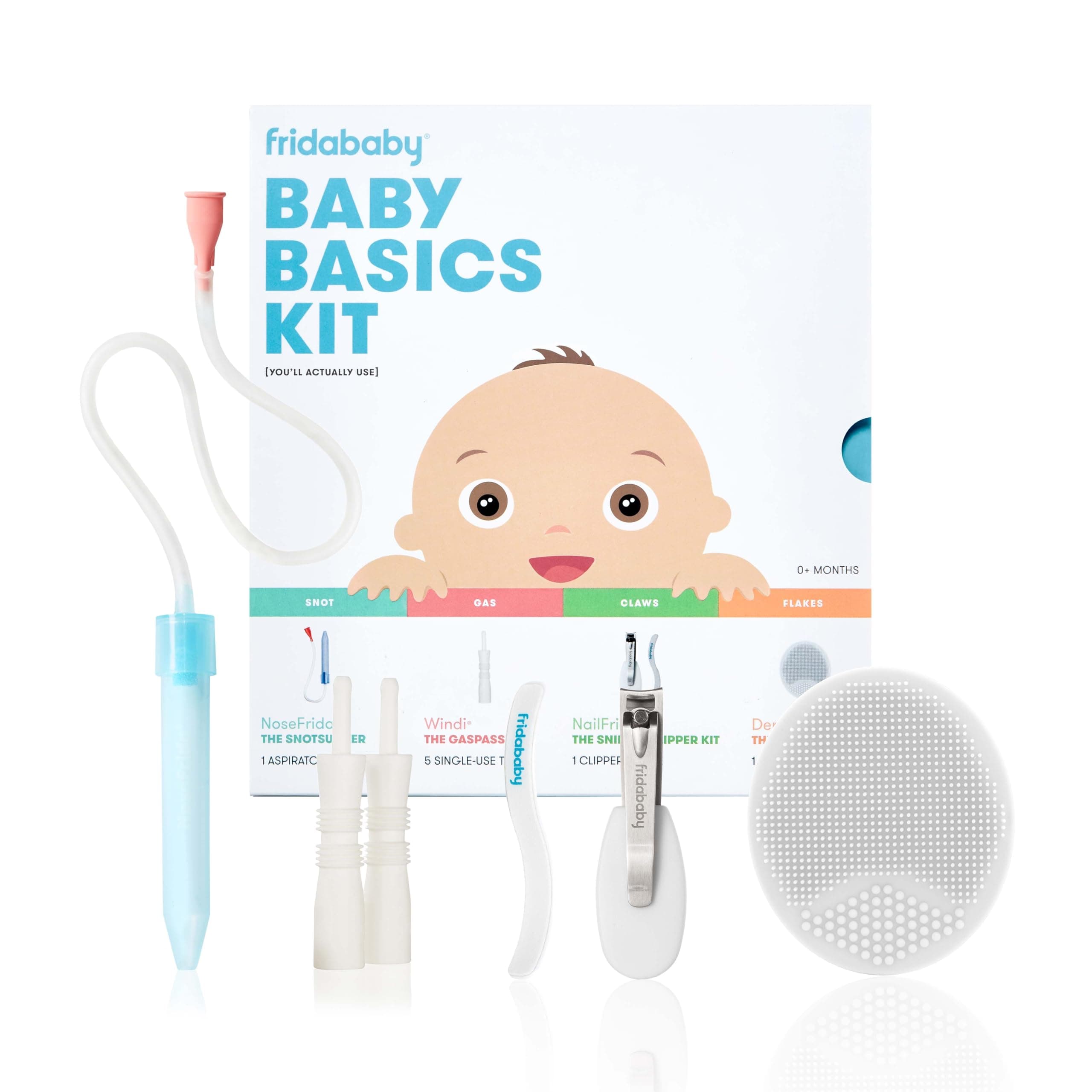 Basics Kit, 6pc Baby Essentials Kit Includes Nasal Aspirator Snotsucker, NailFrida Nail Files, Windi Gas Relief, DermaFrida Bath Brush + Silicone Carry Case