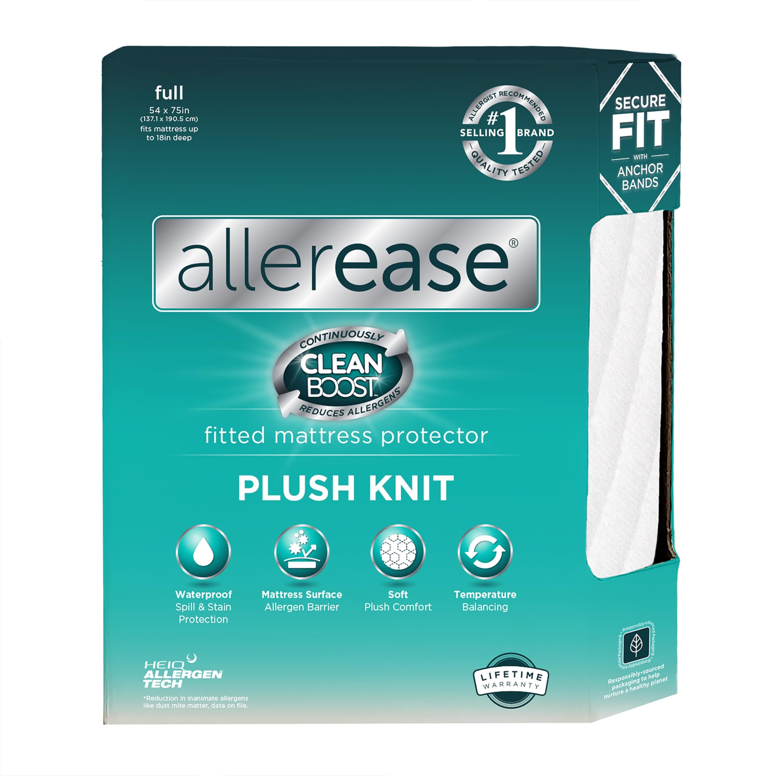 AllerEase CleanBoost Plush Knit Mattress Protector Waterproof Particle Barrier Temperature Balancing Soft Plush Comfort Machine Washable Fitted Cover with Elastic Anchor Bands Mattress Cover, Full