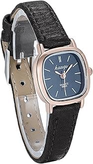 Women's Small Square Dial Slim Leather Strap Quartz Wrist Watch - Rose Gold Tone Case