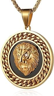 18K Gold Plated Lion Head Necklace for Men Stainless Steel Hip Hop Lion King Round Medal Necklace Jewelry Gift