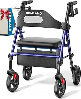 HOMLAND Foldable Rollator Walkers with Seat for Seniors, 8'' Big Wheels, 350 lb. Weight Capacity, Adjustable Handles and Seat Height, Lightweight Rolling Walker, Blue