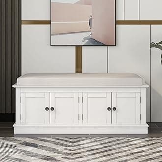 Merax Modern Rustic Wood Shoe Bench with Removable Cushion Multipurpose Window Storage Cabinets for Entryway Living Room Bedroom White