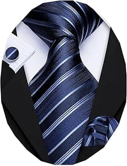 Stripe Men Ties Set Classic WOVEN Necktie with Handkerchief Cufflinks Formal, Royal Navy Blue, One size