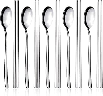 Spoons and Chopsticks Set, 5 Pairs Stainless Steel Flat Chopsticks, 5 Set Korean Spoons, Metal Reusable Chop Sticks Dishwasher Safe for Home, Kitchen or Restaurant