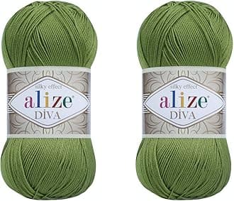 Alize Diva Hand Knitting Yarn - 100% Microfiber Acrylic With Silk Effect - Crochet Art Lace Craft - 2 Skeins, 200gr, 767 Yds (210-Green)