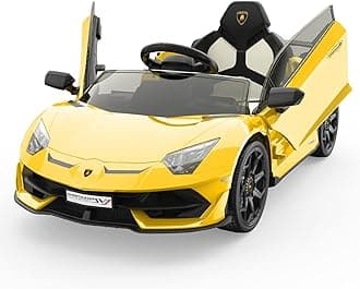Ride on Car for Kids 12V Licensed Lamborghini Electric Vehicles Battery Powered Sports Car with Control, 2 Speeds, Sound System, LED Headlights and Hydraulic Doors (Yellow Updated)