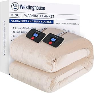 Westinghouse Electric Blanket King Size, Super Cozy Soft Flannel 100" x 90" Heated Blanket with 10 Fast Heating Levels & 1-12 Auto-Off, Machine Washable, ETL&FCC Certification, Beige