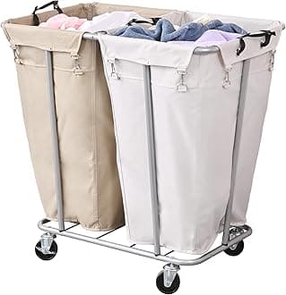 PLKOW Laundry Cart with Wheels 280L Large Laundry Sorter 2 Section for Commercial/Home, Rolling Laundry Cart with Steel Frame and Removable Bag, 8 Bushel, 32.3L x 19.7W x 31.5H Inch