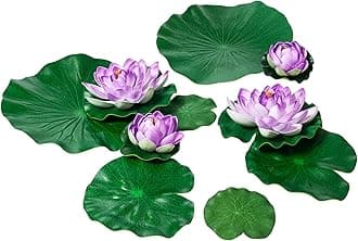 Fake Lily Pads, 10 PCS Artificial Lotus with Water Lily Pad, Realistic Water Floating Foam Lotuses Pads, Purple Artificial Floating Lotus Decor with Pad for Home Outdoor Ponds