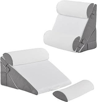 Bedluxe Adjustable 4pcs Bed Wedge Pillow Set, Memory Foam Wedge Pillows Post Surgery for Back, Neck, Leg Pain Relief, Pillow Wedge for Sleeping, Sitting up in Bed, Acid Reflux and GERD, White/Grey