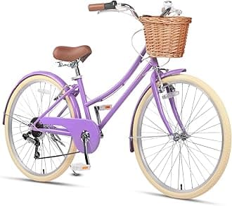 Glerc 26 Inch Beach Cruiser Bike, 6-Speed Hybrid City Bicycle for Girls Youth and Over 6 Years Old, Missy Bike with Wicker Basket & Lightweight, Purple